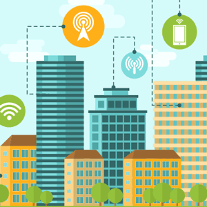 Illustration of Buildings with data transmission icons
